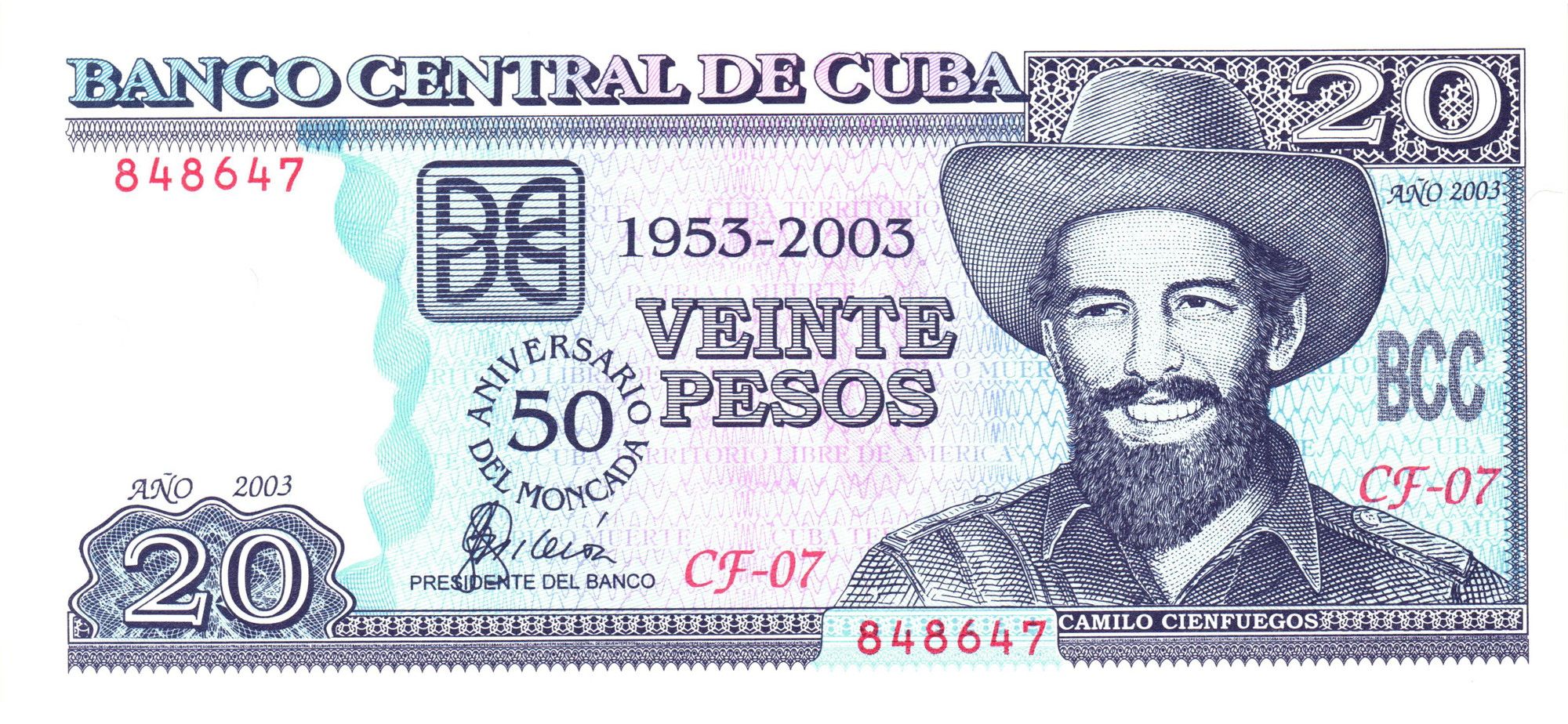 Caribbean P126 commemorative 20 pesos 2003 VF Very Fine | 50th Anniv. of Assault on Μοηcαdα Barracks