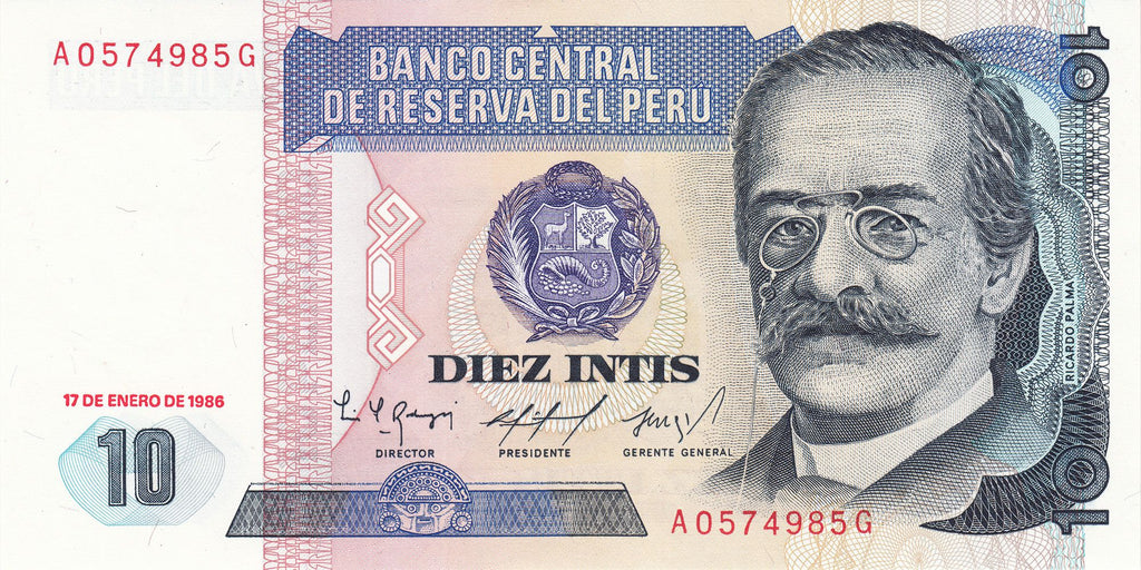 Peru P128 or P129 10 Intis 1985-1987 UNC—Beggar Librarian—Andes—Cotton—Corn