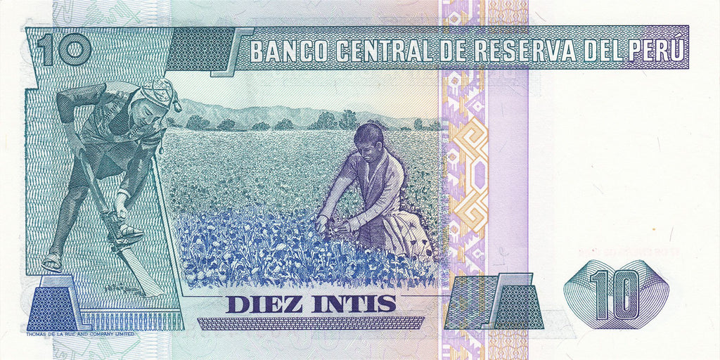 Peru P128 or P129 10 Intis 1985-1987 UNC—Beggar Librarian—Andes—Cotton—Corn