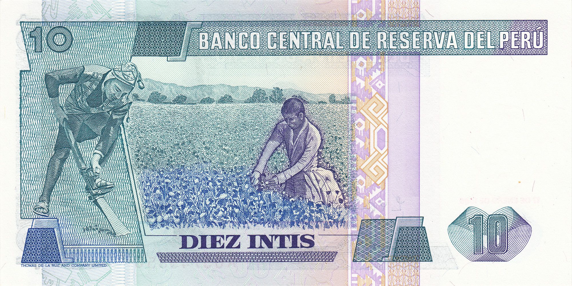 Peru P128 or P129 10 Intis 1985-1987 UNC—Beggar Librarian—Andes—Cotton—Corn