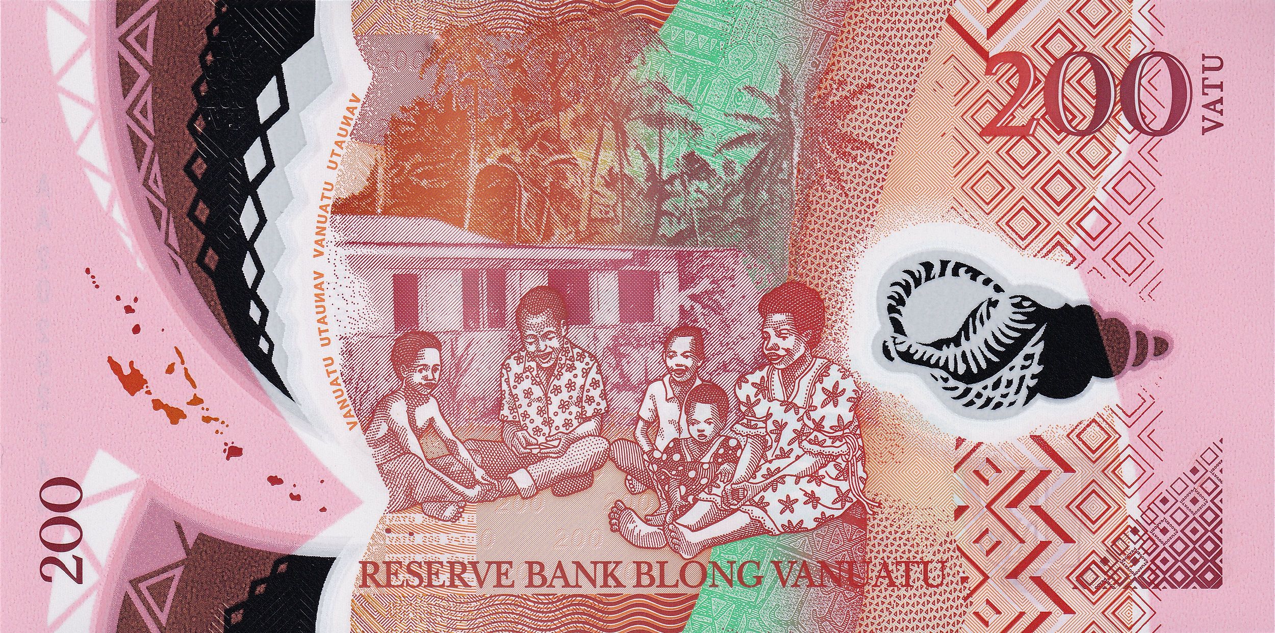 Vanuatu P-12 POLYMER 200 Vatu ND(2014)—Pink—Arms—Family & Stadium