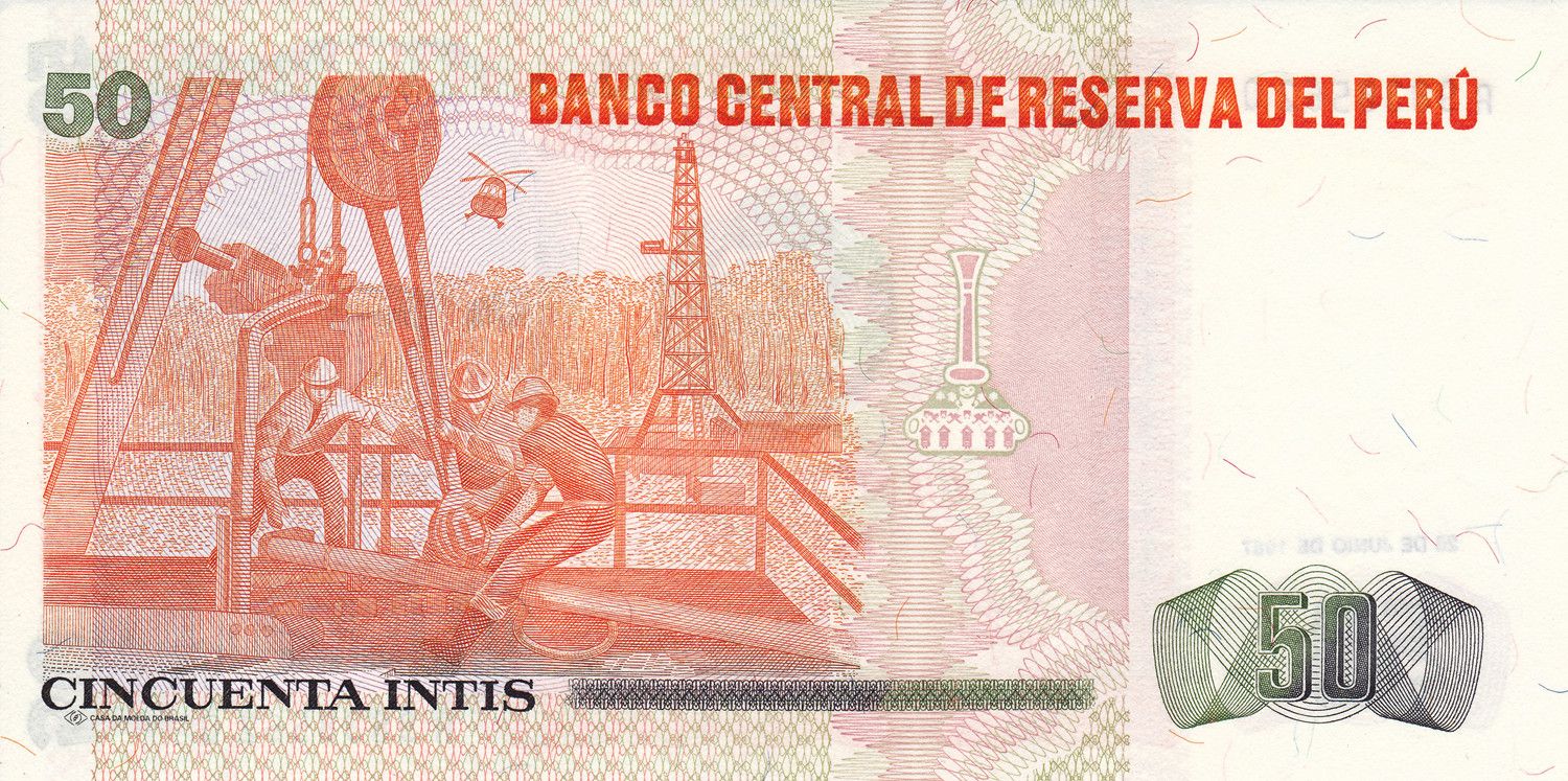 Peru P130 or P131 50 Intis 1985-1987 UNC—The Caliph President—Oil Rig—Helicopter