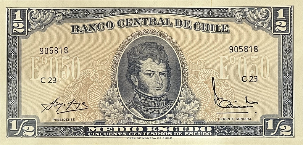 Chile P-134 1/2 Escudo 1962-75 Very Fine+—O'Higgins—Almagro