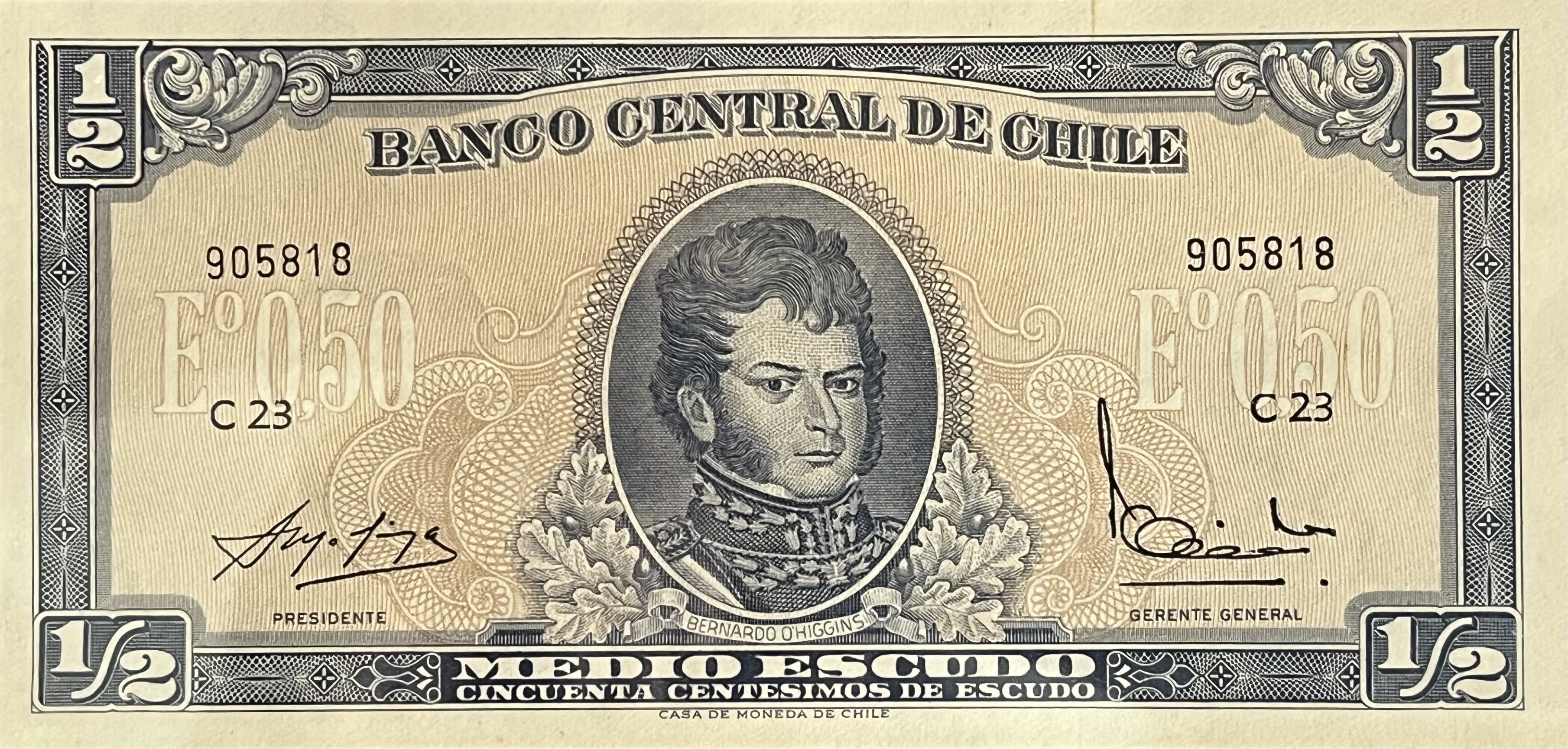 Chile P-134 1/2 Escudo 1962-75 Very Fine+—O'Higgins—Almagro