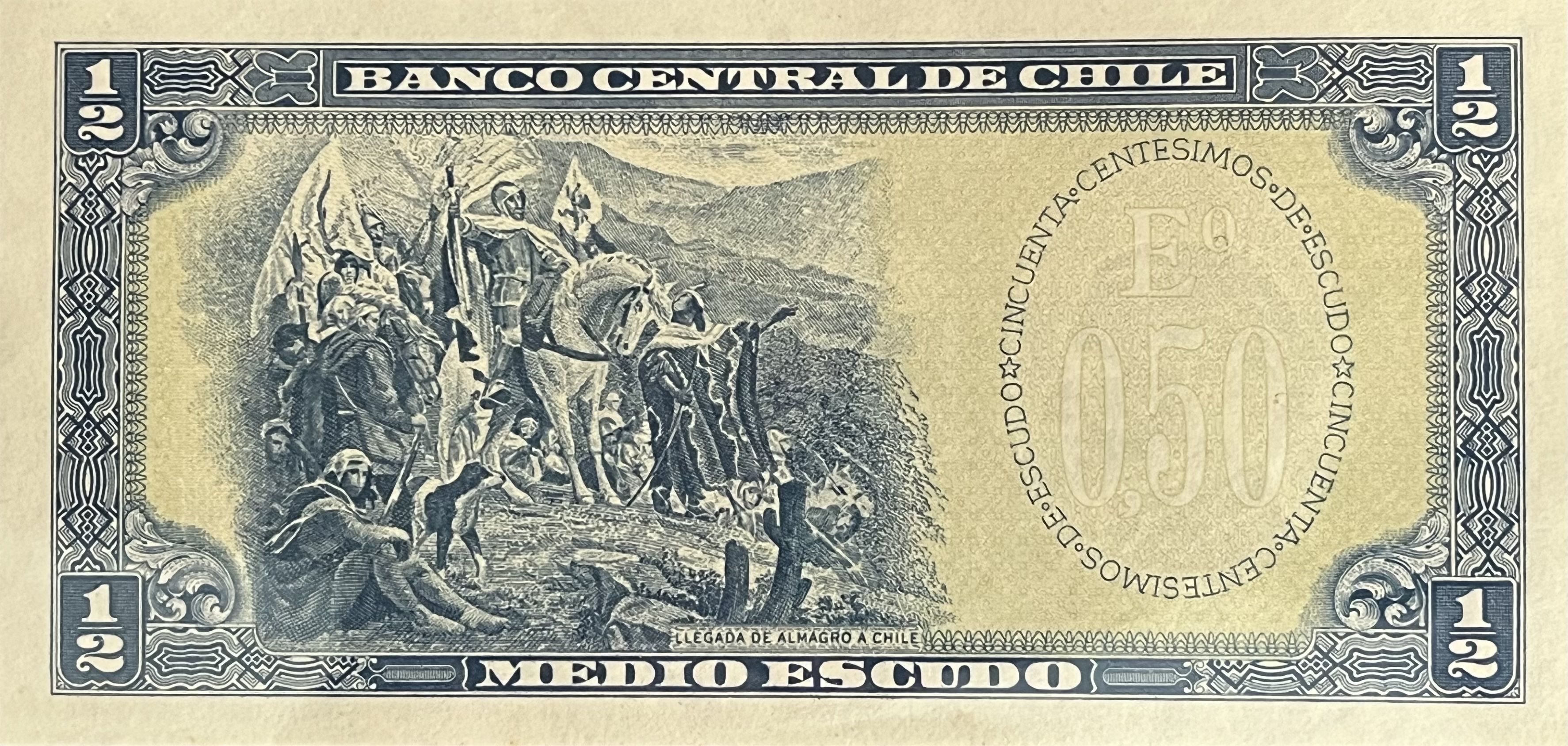 Chile P-134 1/2 Escudo 1962-75 Very Fine+—O'Higgins—Almagro