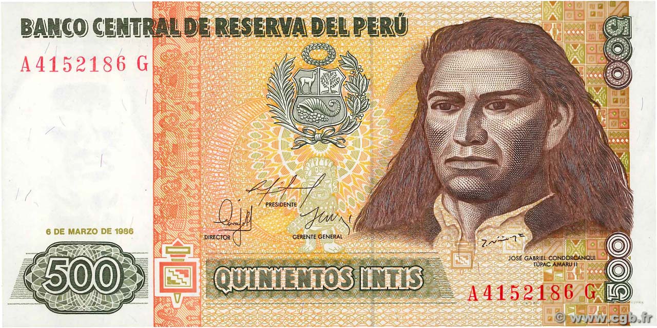 Peru P135 500 Intis 1987 UNC—Túpac Amaru II Indigenous Rebel—Mt. Huascarán