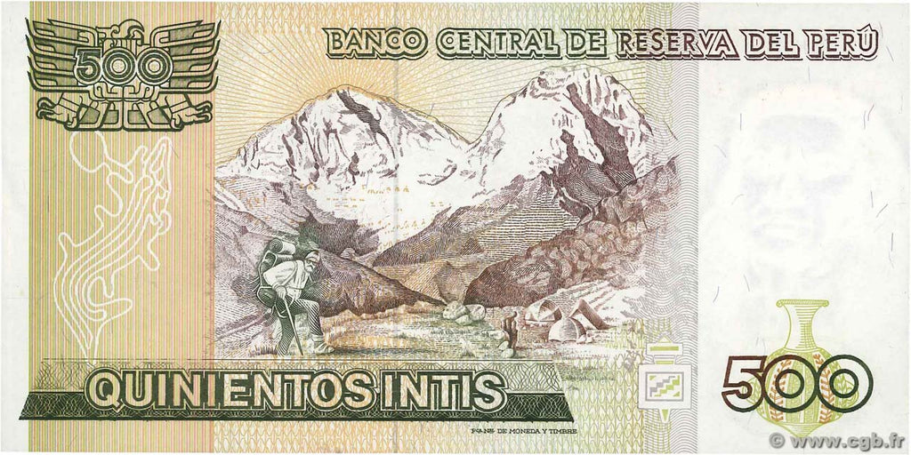 Peru P135 500 Intis 1987 UNC—Túpac Amaru II Indigenous Rebel—Mt. Huascarán