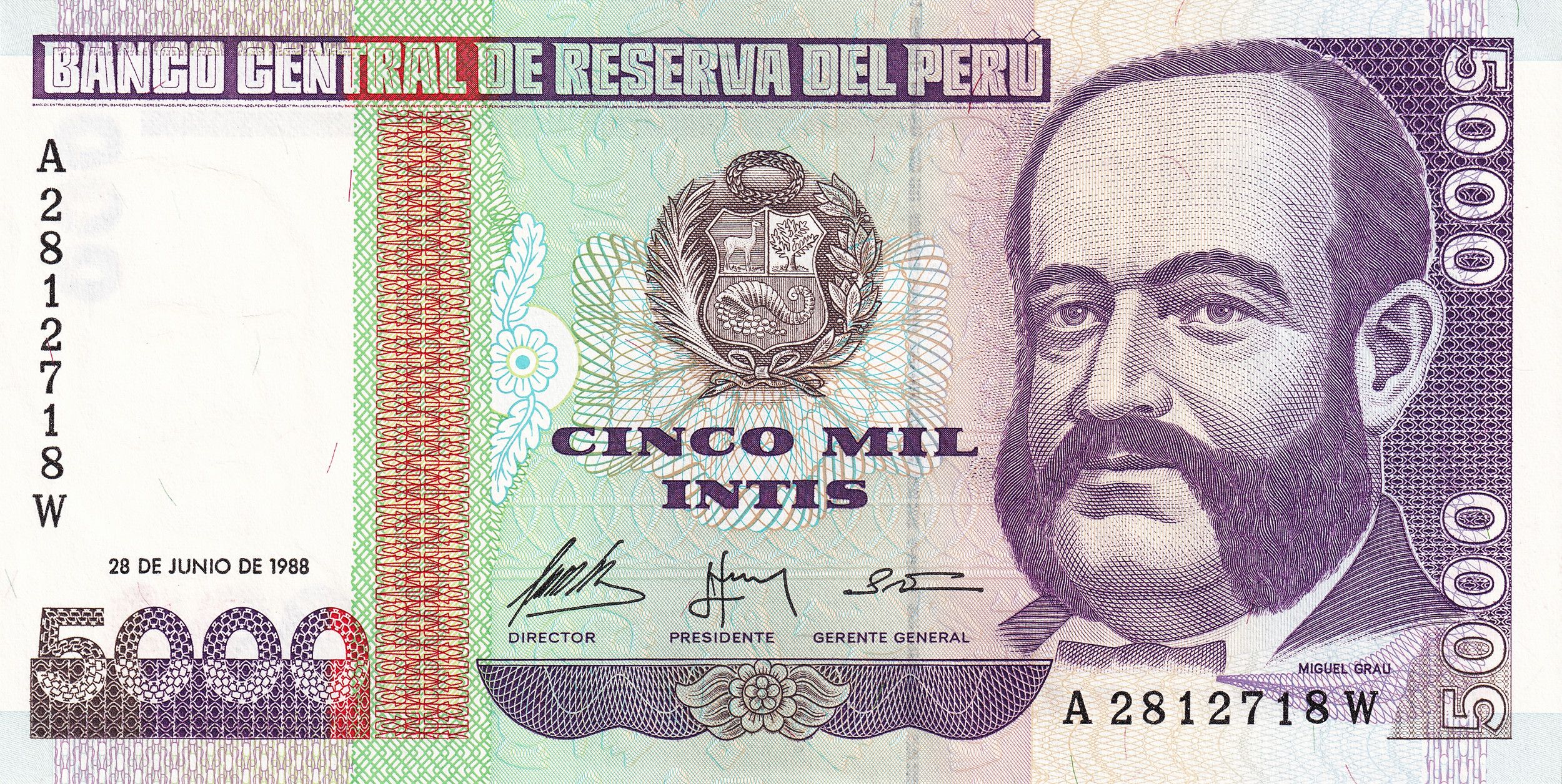 Peru 6 Pcs UNC Set Intis 1985-1988—10 50 100 500 1000 5000