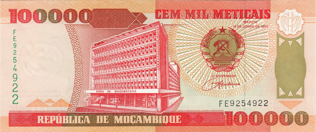 Mozambique P139 100000 Meticais 1993 UNC—AK-47—Modernism—Dam