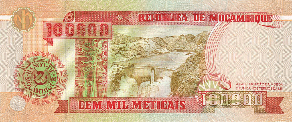 Mozambique P139 100000 Meticais 1993 UNC—AK-47—Modernism—Dam