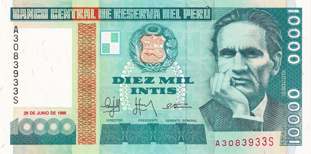 Peru P140 10000 Intis 1988 (1989) UNC—Inner Security Thread—Peru's Poet of Rage