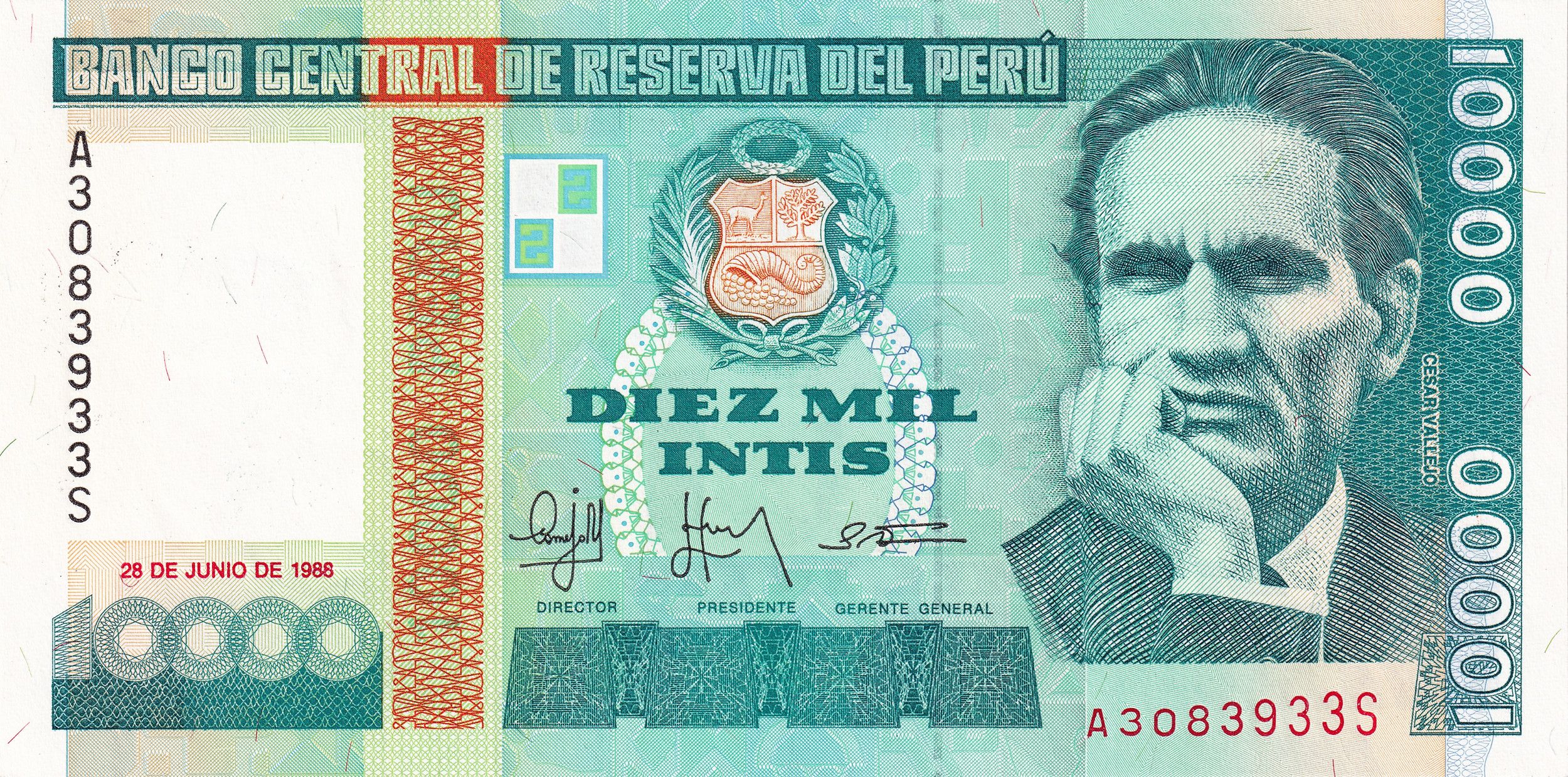 Peru P140 10000 Intis 1988 (1989) UNC—Inner Security Thread—Peru's Poet of Rage
