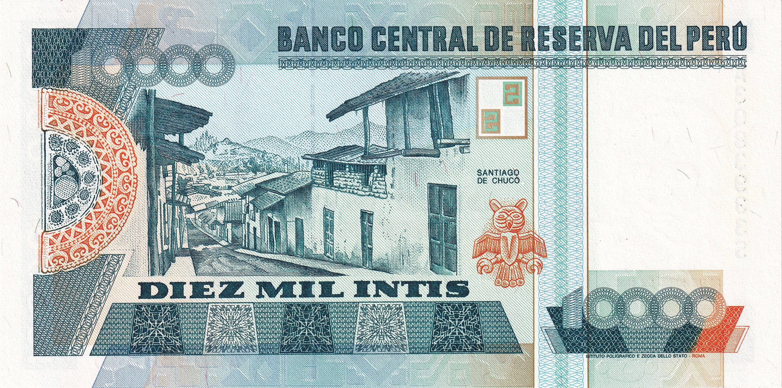 Peru P140 10000 Intis 1988 (1989) UNC—Inner Security Thread—Peru's Poet of Rage