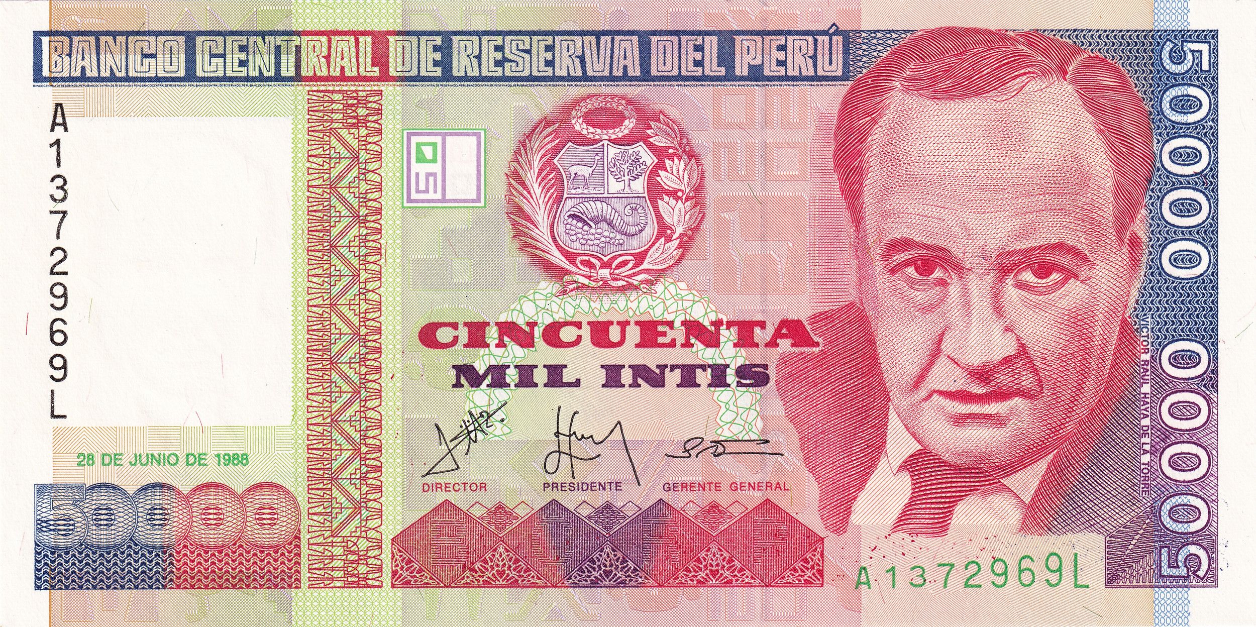 Peru P142 50000 Intis 1988 UNC—Man against Oligarchy & US Imperialism—Congress