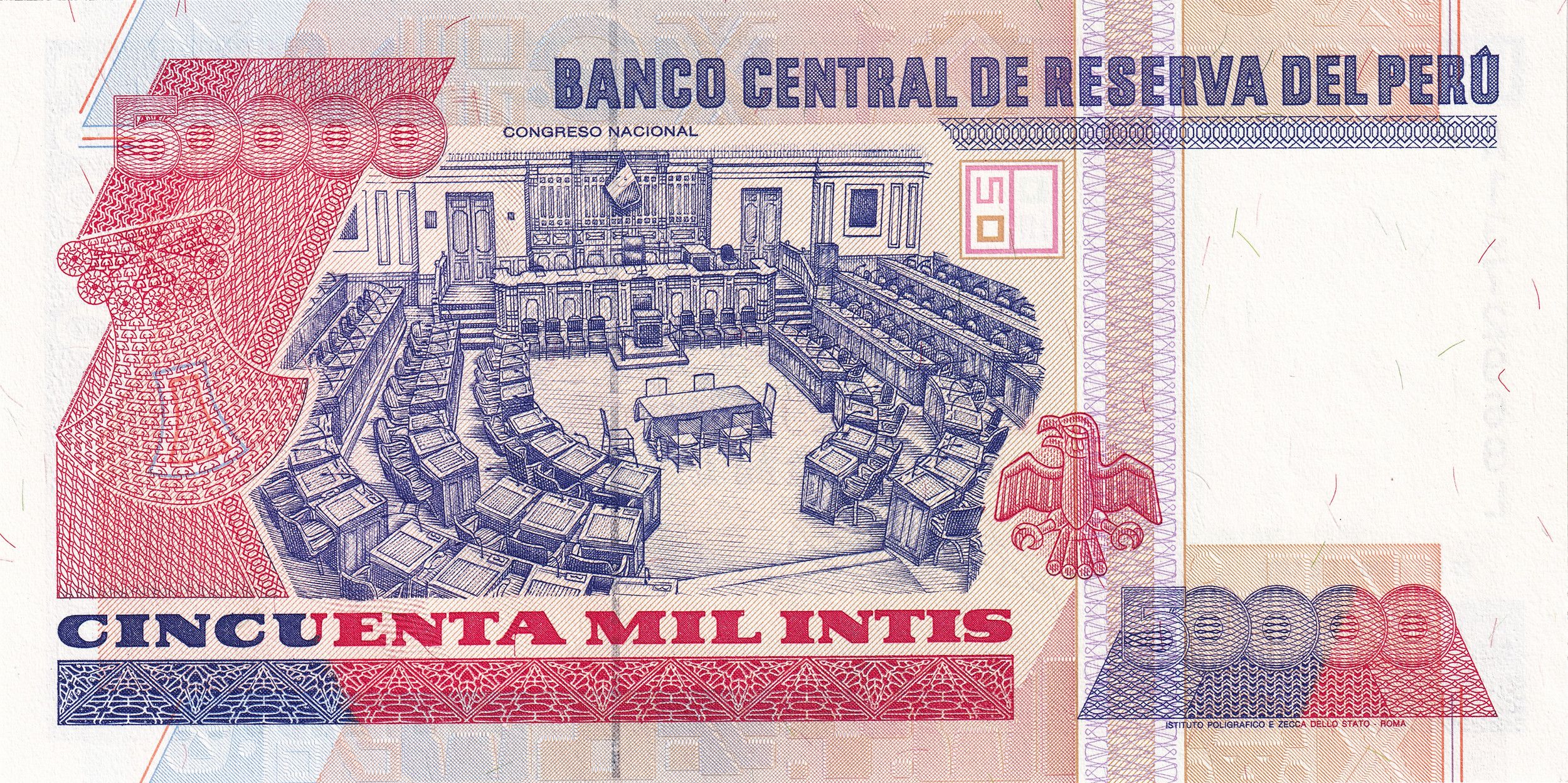 Peru P142 50000 Intis 1988 UNC—Man against Oligarchy & US Imperialism—Congress