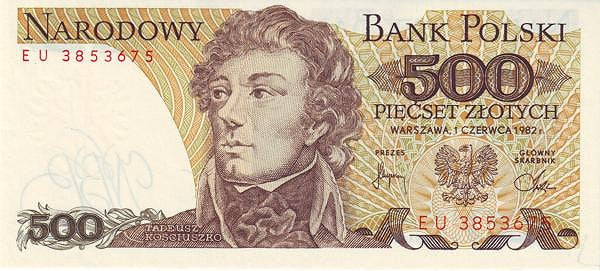 Poland P145d 500 Złotych 1982 VFP (Very Fine Plus)—Kościuszko hero of the American Revolution