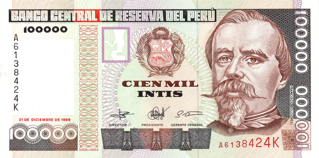 Peru P145 100000 Intis 1989 UNC—Die Rather Than Submit to Chile—Lake Titicaca