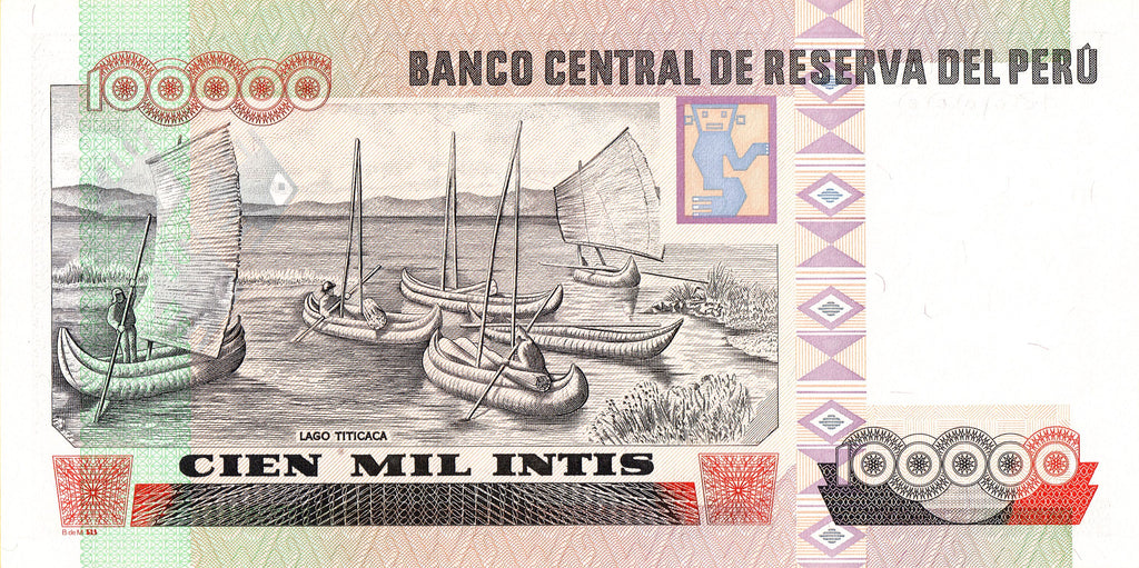 Peru P145 100000 Intis 1989 UNC—Die Rather Than Submit to Chile—Lake Titicaca