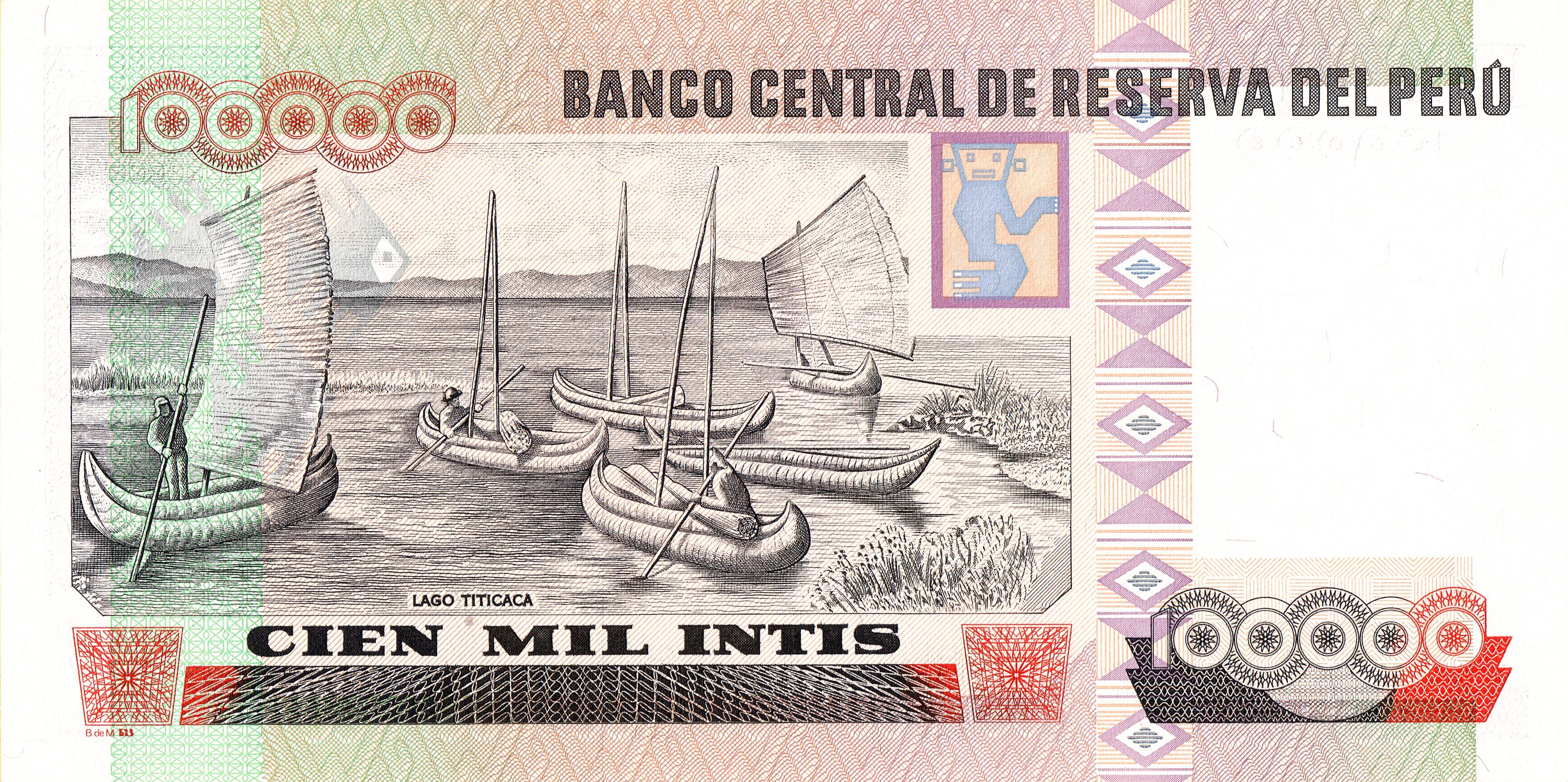 Peru P145 100000 Intis 1989 UNC—Die Rather Than Submit to Chile—Lake Titicaca