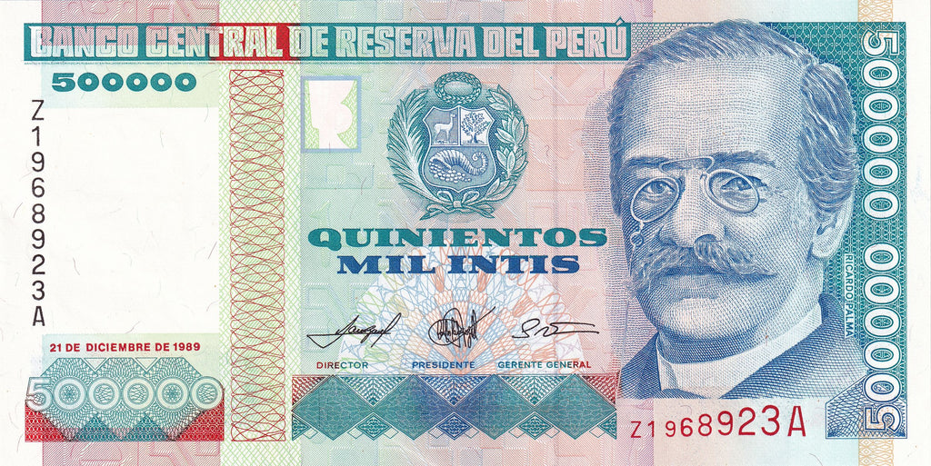 Peru P147 500000 Intis 1989 UNC—Voice of Peru's Literature—Church that was Congress