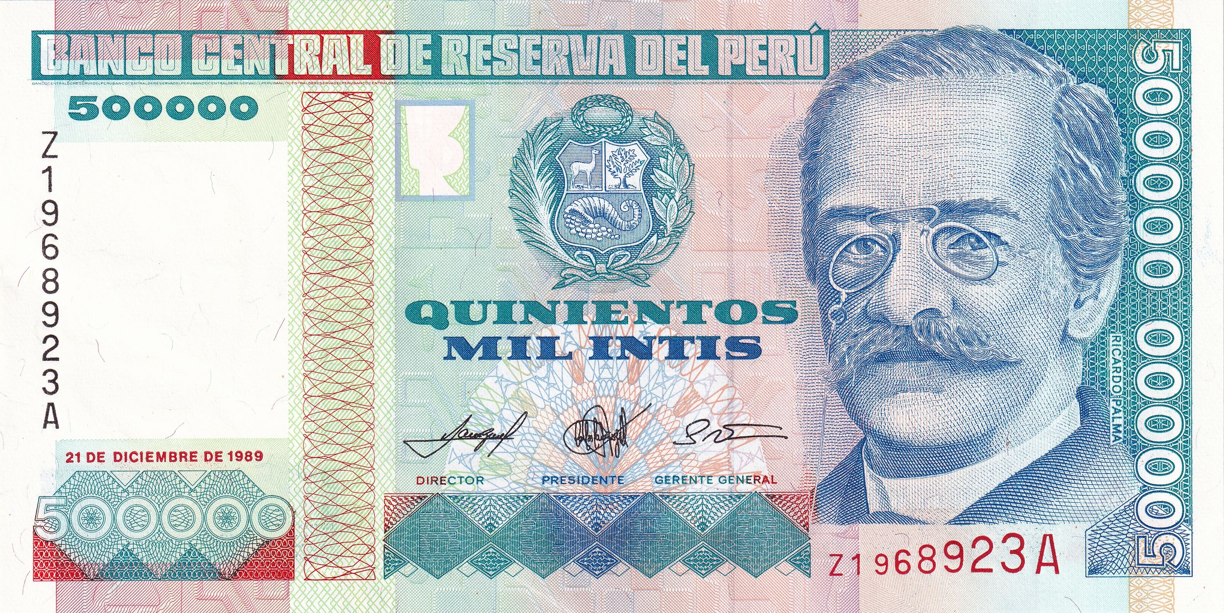 Peru P147 500000 Intis 1989 UNC—Voice of Peru's Literature—Church that was Congress