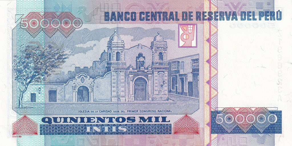 Peru P147 500000 Intis 1989 UNC—Voice of Peru's Literature—Church that was Congress