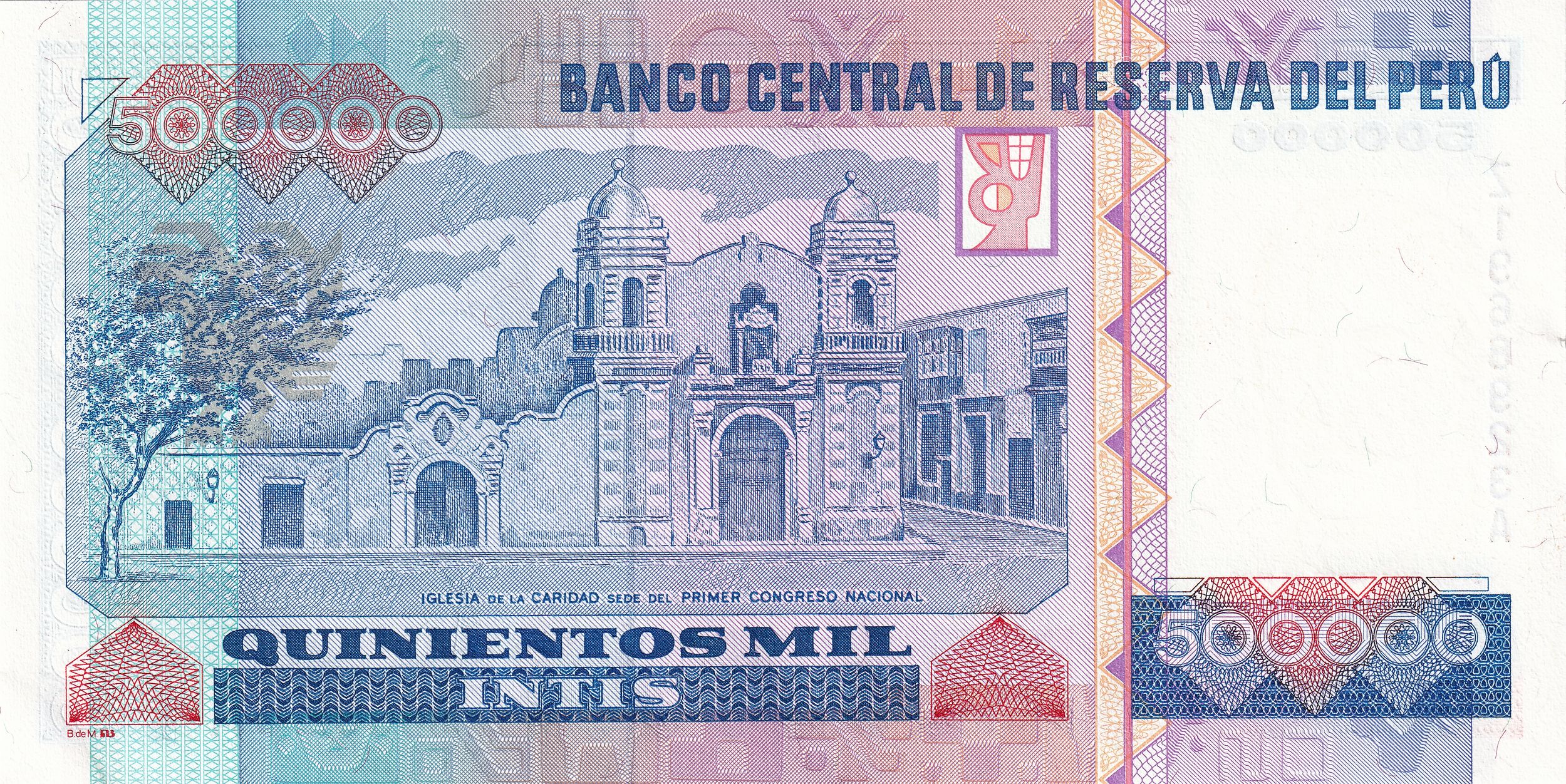 Peru P147 500000 Intis 1989 UNC—Voice of Peru's Literature—Church that was Congress