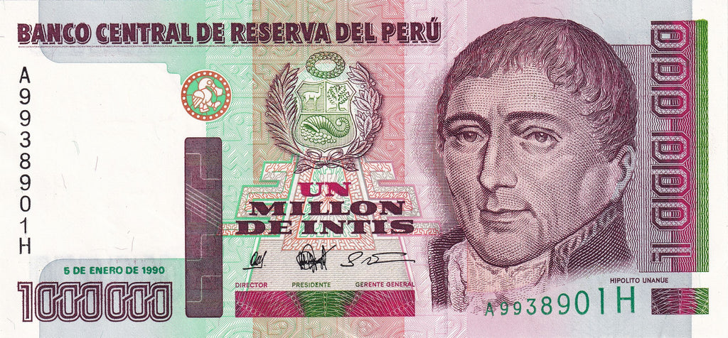 Peru P148 1000000 Intis 1990 UNC—The Builder of Peruvian Medicine—Medical Faculty