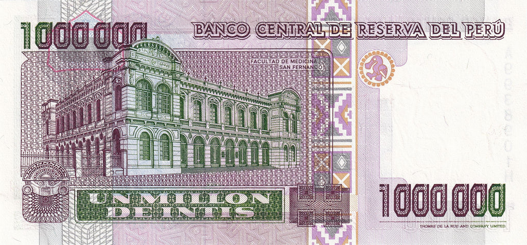 Peru P148 1000000 Intis 1990 UNC—The Builder of Peruvian Medicine—Medical Faculty