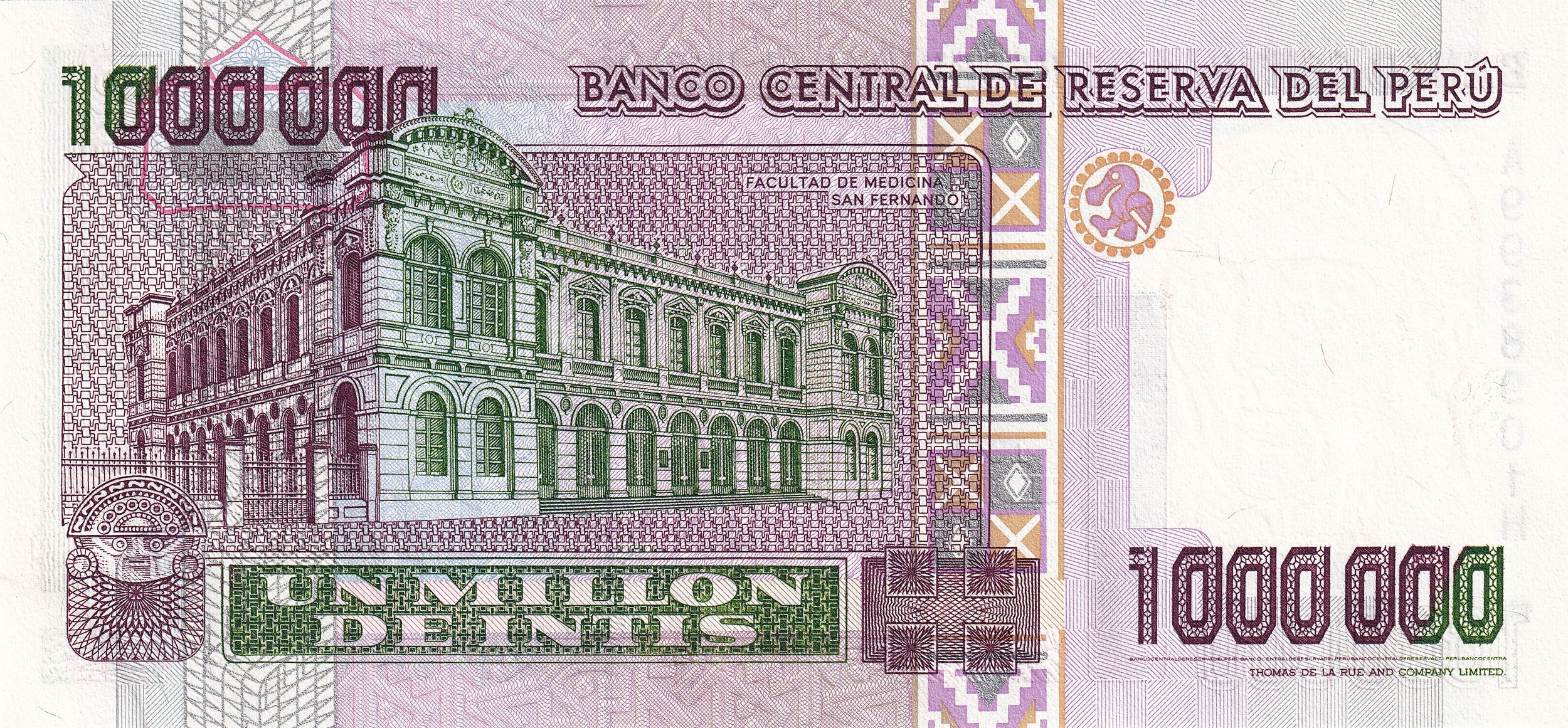 Peru P148 1000000 Intis 1990 UNC—The Builder of Peruvian Medicine—Medical Faculty