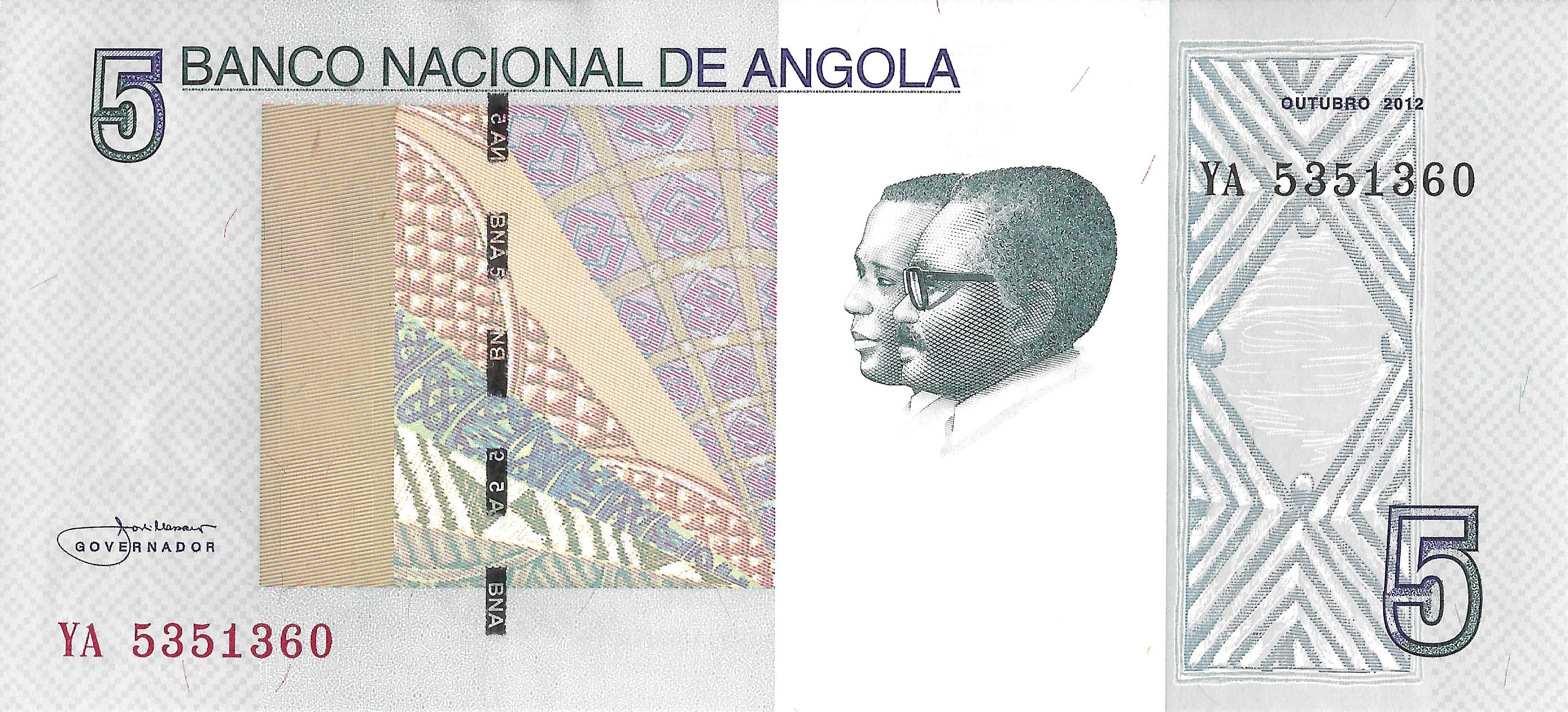 Angola P-151A 5 Kwanzas 2012 UNC+W Light Teal—Waterfall