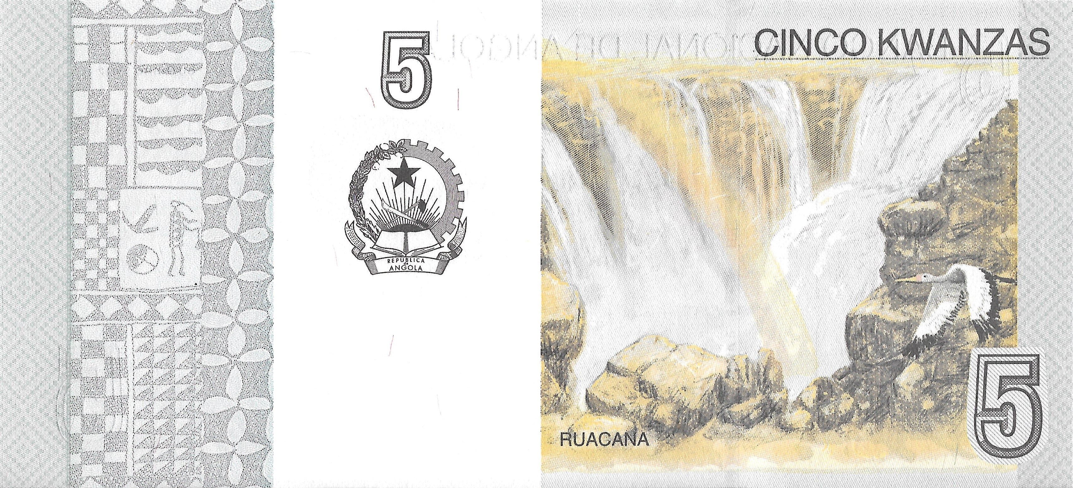 Angola P-151A 5 Kwanzas 2012 UNC+W Light Teal—Waterfall