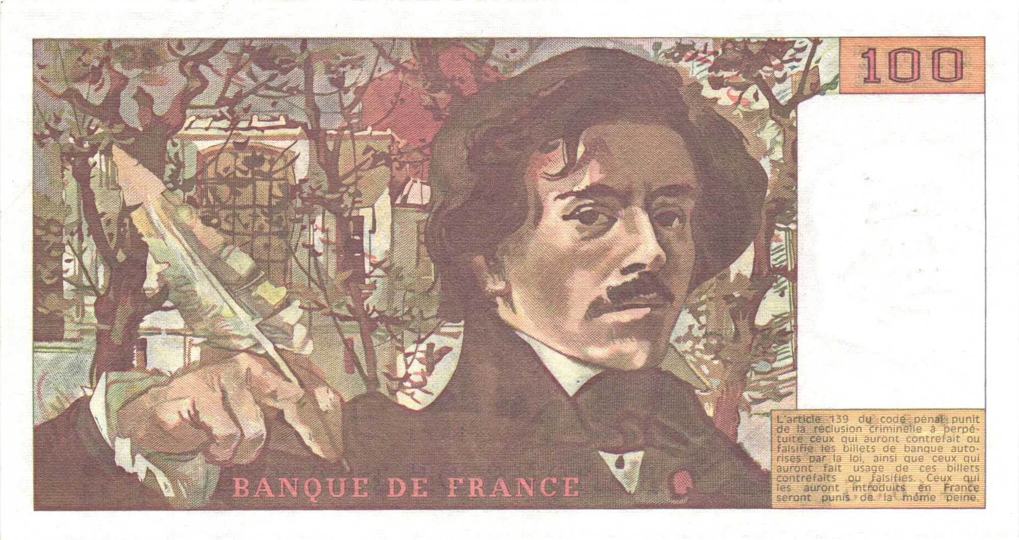 France P-154b 100 Francs VF Very Fine—Delacroix 29312