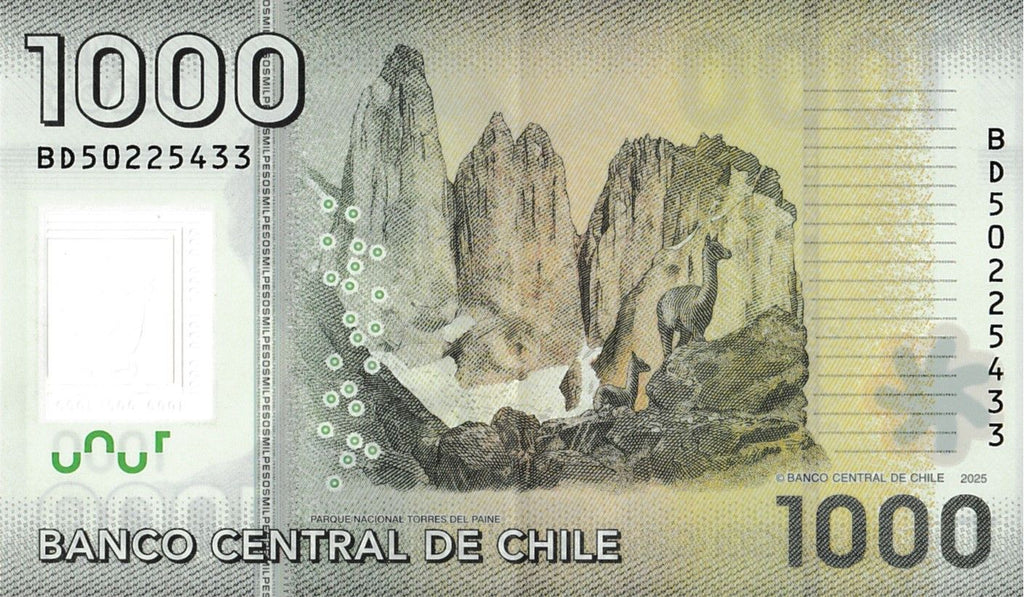 Chile P-161n POLYMER 1000 Pesos 2025 UNC—Carrera Pinto—Torres del Paine