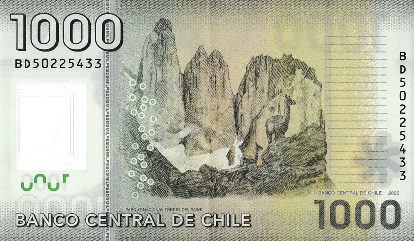 Chile P-161n POLYMER 1000 Pesos 2025 UNC—Carrera Pinto—Torres del Paine