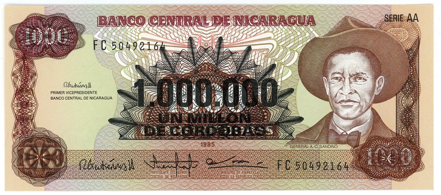 Nicaragua P-164 1000000 Córdobas 1990 UNC—Overstamp on 1000—Sandino