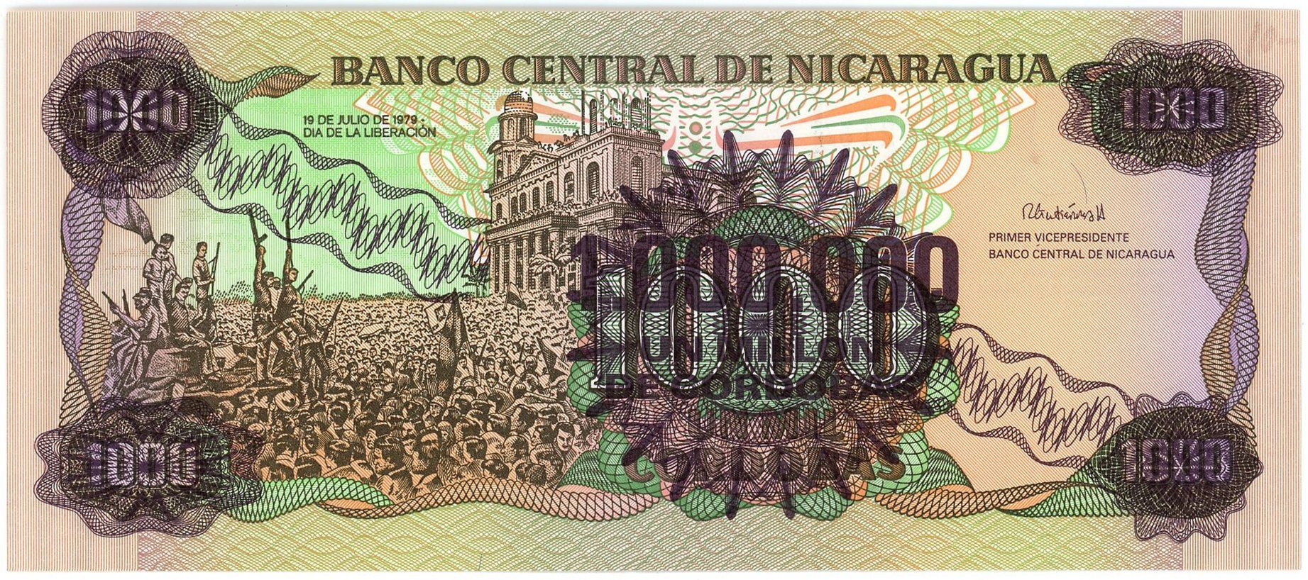 Nicaragua P-164 1000000 Córdobas 1990 UNC—Overstamp on 1000—Sandino