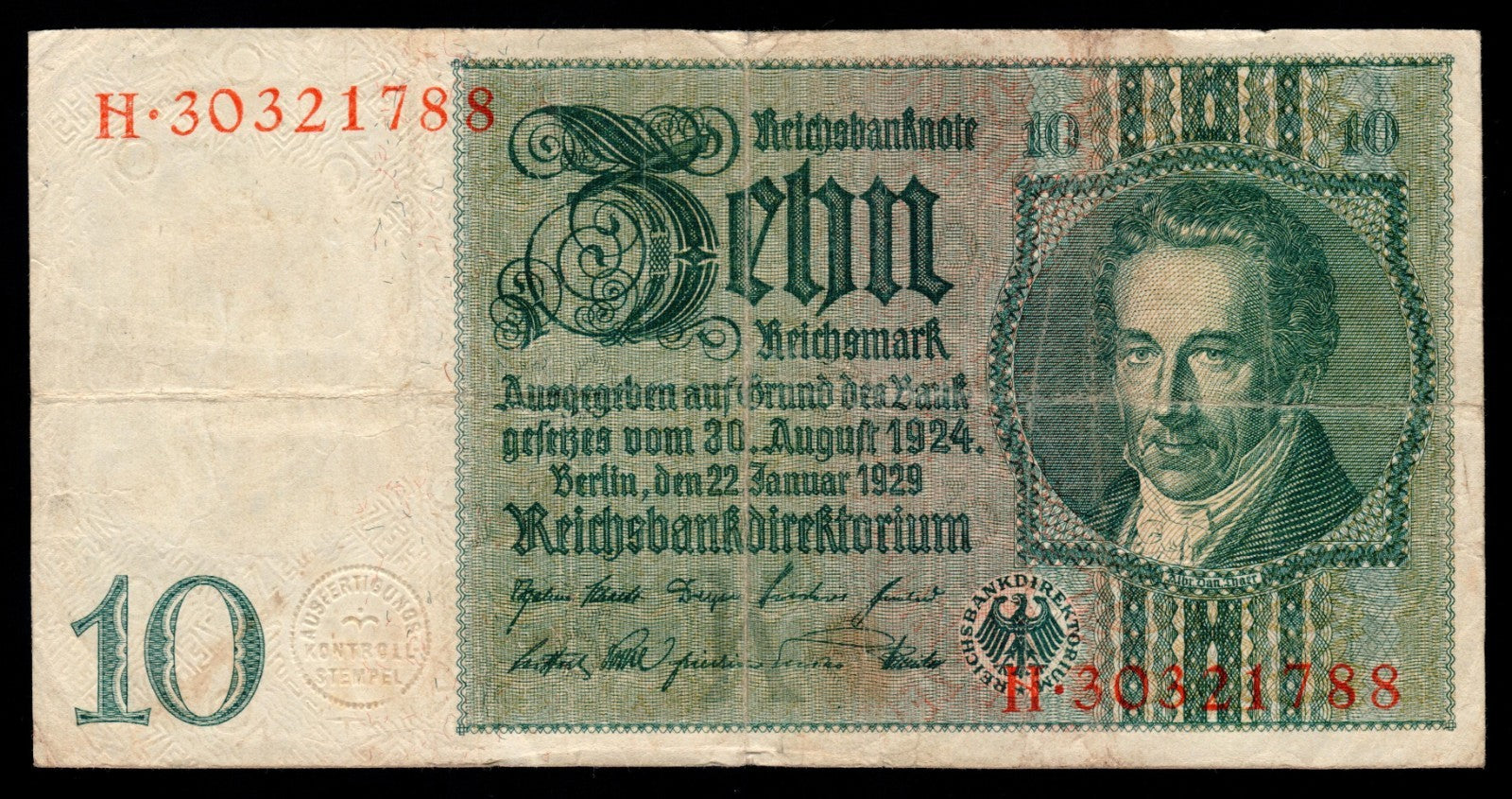 Germany P180 10 Reichsmarks 1929 circulated Fine