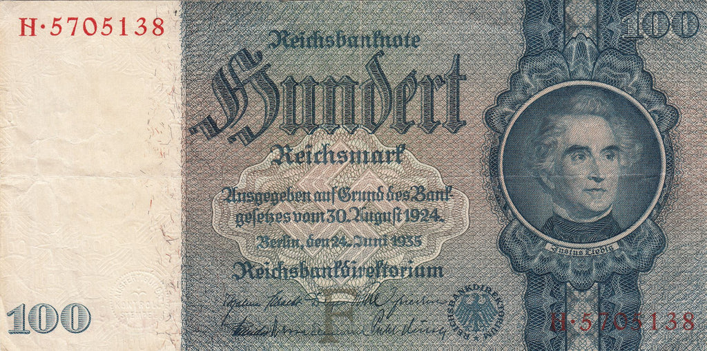 Germany P183a 100 Reichsmark 1935 VF+ Very Fine Plus—Nazi—Large Swastika
