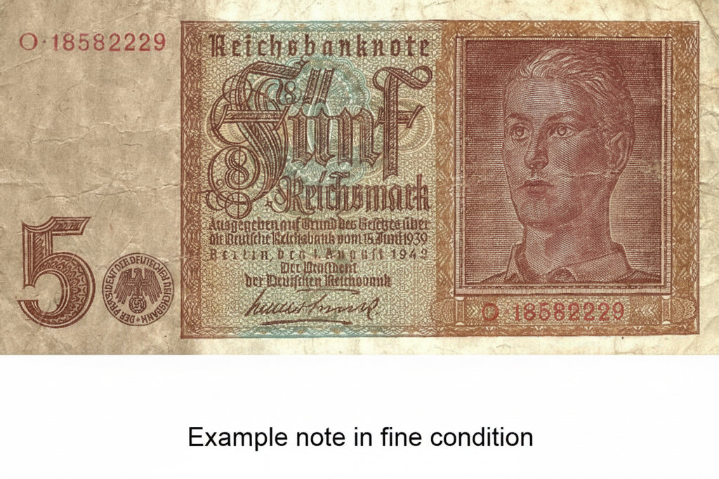 Germany P103 5 Reichsmarks 1942 Fine—WWII 3rd Reich Symbol & Aryan Youth