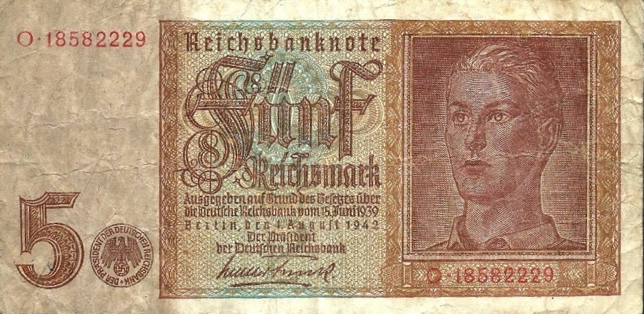 Germany P103 5 Reichsmarks 1942 Fine—WWII 3rd Reich Symbol & Aryan Youth