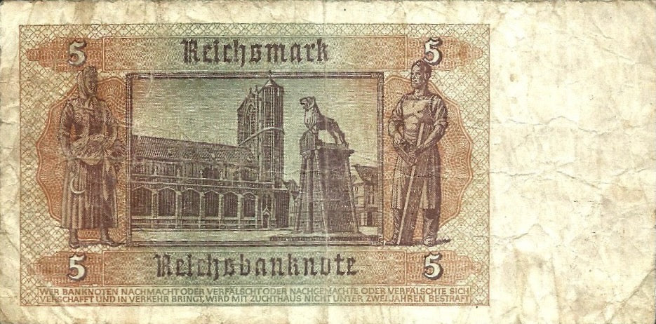 Germany P103 5 Reichsmarks 1942 Fine—WWII 3rd Reich Symbol & Aryan Youth
