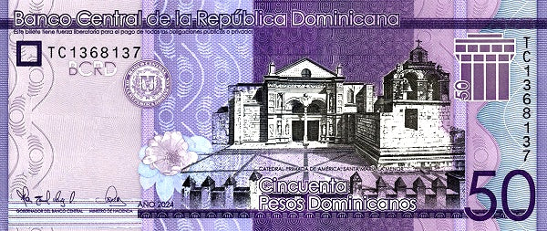Dominican Republic P-189j 50 Pesos 2024—Oldest Cathedral in The Americas