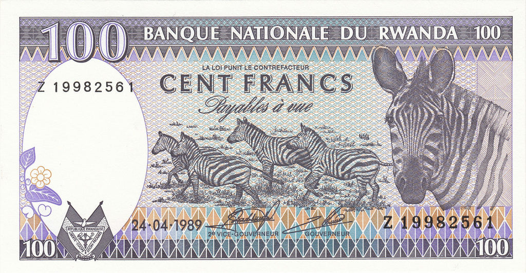Rwanda P-19 100 Francs 1989 UNC—Purple Zebra Edition!
