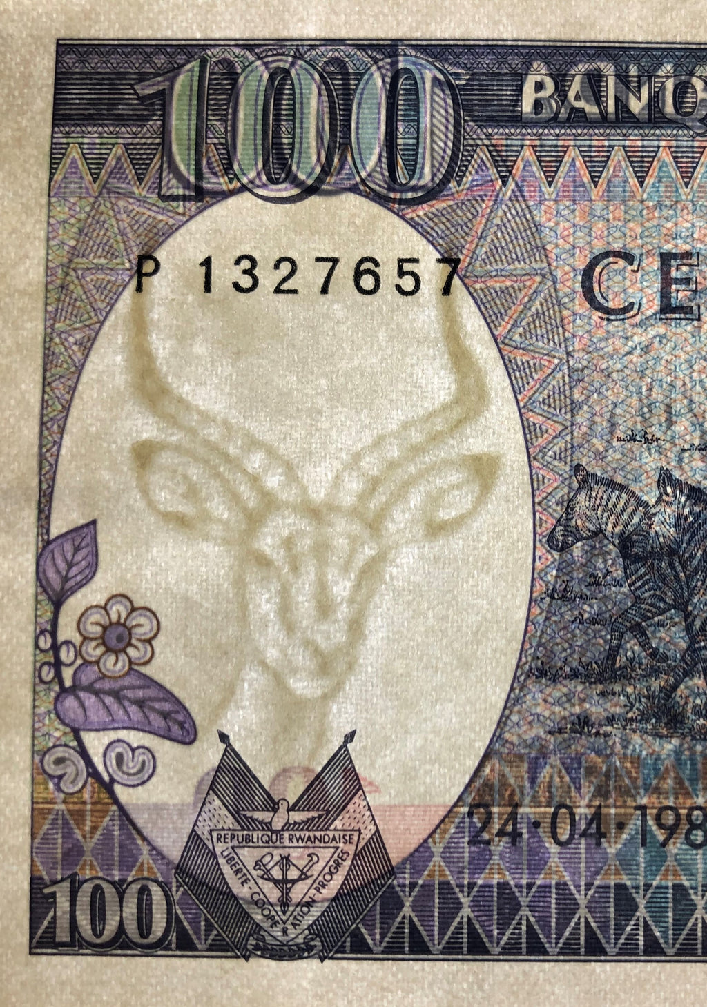 Rwanda P-19 100 Francs 1989 UNC—Purple Zebra Edition!
