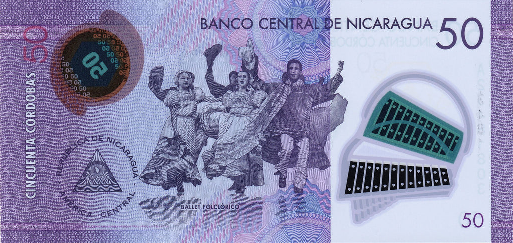 Nicaragua P211a 50 córdobas 2014 UNC｜POLYMER｜purple｜marimbas｜dancers