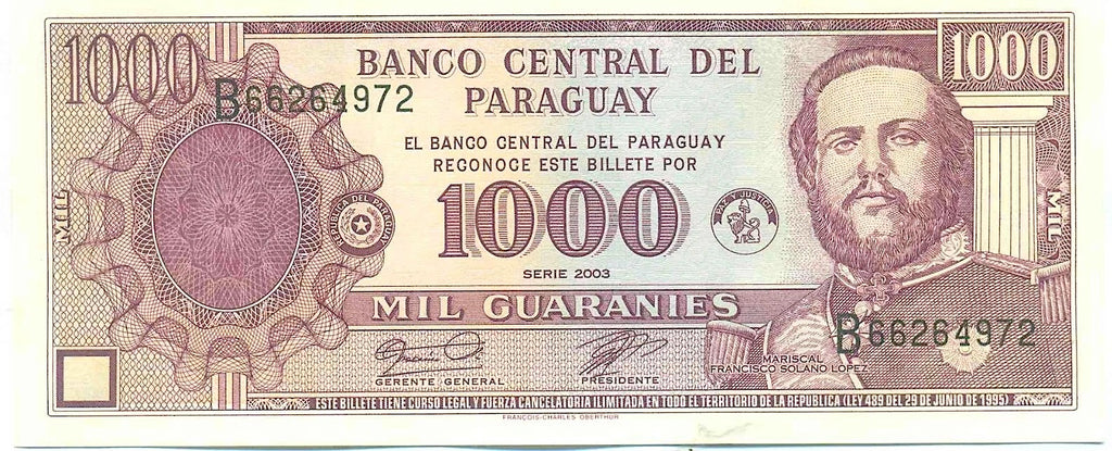 Paraguay P214c 1000 Guaraníes 2003 UNC—Purple—The David Who Fought 2 Goliaths & Lost