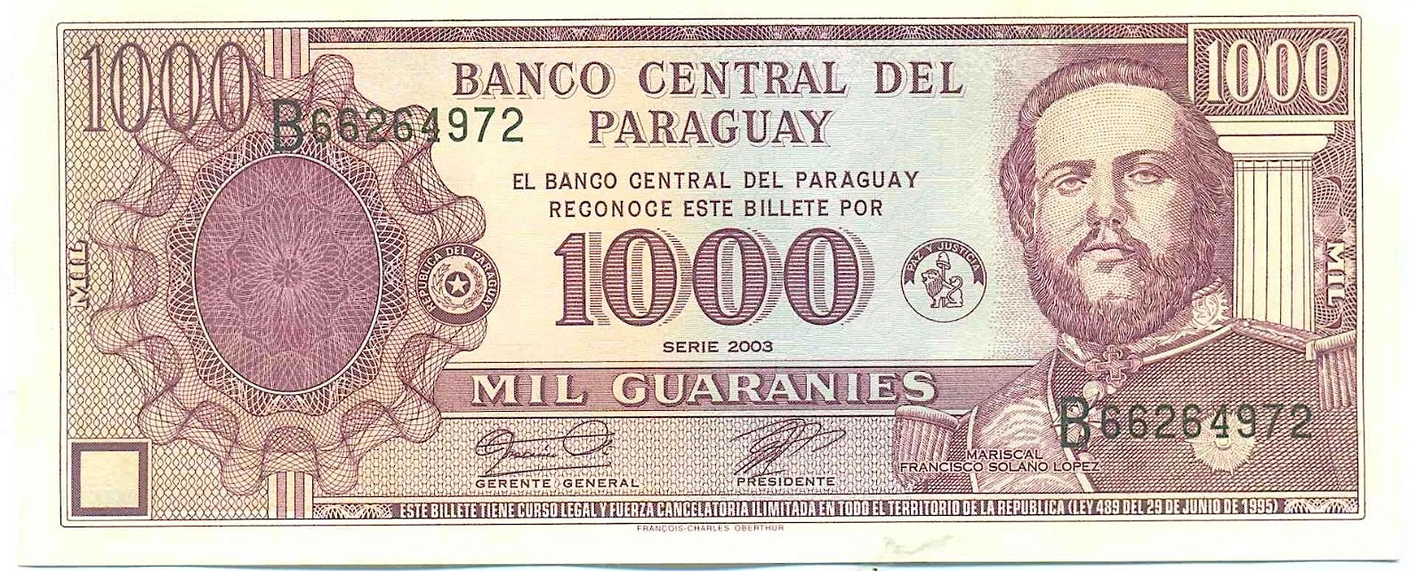 Paraguay P214c 1000 Guaraníes 2003 UNC—Purple—The David Who Fought 2 Goliaths & Lost