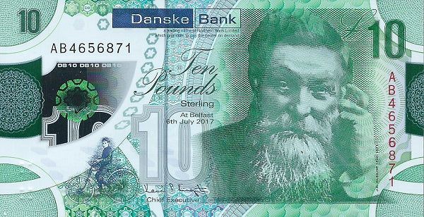 Northern Ireland P-214 Danske Bank 10 pounds 2017 Polymer VF+/XF Inventor of Bicycle Tire/Tyre