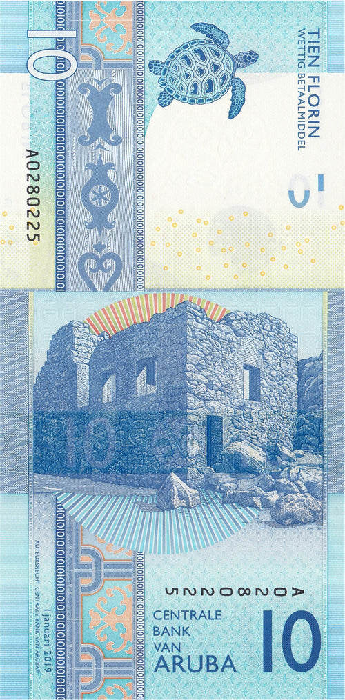 Aruba P-21 10 Florin 2019 UNC—White Turtle—Ruins—Owl